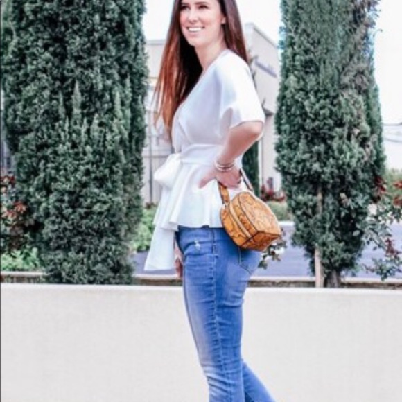 Plunge Neck Tie Waist Peplum Top - Picture 3 of 3